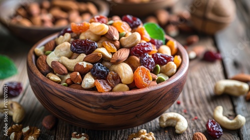 Mixed nuts and dried fruits in wooden bowl on wooden background, top view, banner. Healthy snack - mix of organic nuts and dry fruits