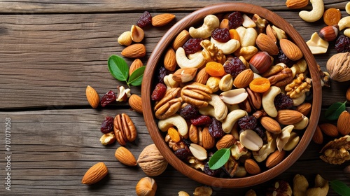 Mixed nuts and dried fruits in wooden bowl on wooden background, top view, banner. Healthy snack - mix of organic nuts and dry fruits