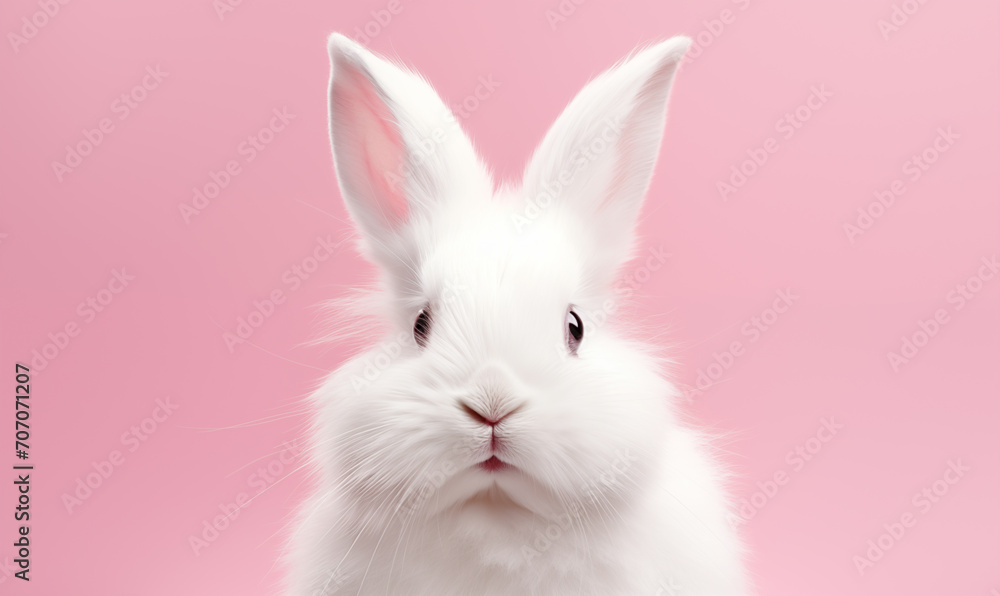 Cute fluffy white rabbit on a pink background. Generated by artificial intelligence. Cute fluffy white rabbit on a pink background. Generated by artificial intelligence.