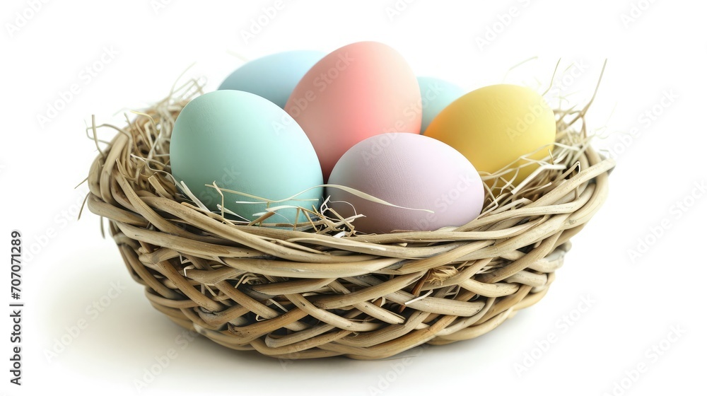 Multi colors Easter eggs in the woven basket isolated on white background with clipping path. Pastel color Easter eggs Multi colors Easter eggs in the woven basket isolated on white background with clipping path. Pastel color Easter eggs