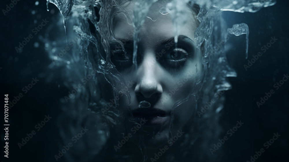 Düsteres Portrait einer Frau in Eis-Struktur. Konzept: Gefühlskälte / eingefrorene Emotionen. Illustration