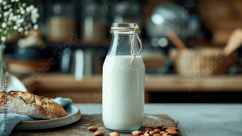 Organic almond milk in glass bottle near ceramic bowl with raw almonds on stone table in the kitchen ready for cooking