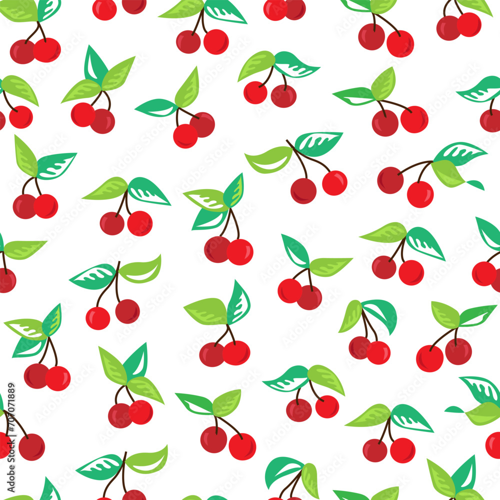 Seamless pattern of red berries with green leaves. Cartoon cherries isolated on white. Vector Illustration. Seamless pattern of red berries with green leaves. Cartoon cherries isolated on white. Vector Illustration.