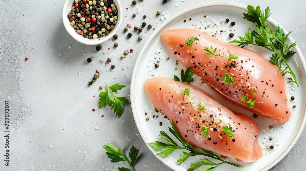 Raw chicken breast or fillet with salt, pepper and fresh herbs on a white plate on a gray background. Healthy food. Top view, copy space Raw chicken breast or fillet with salt, pepper and fresh herbs on a white plate on a gray background. Healthy food. Top view, copy space