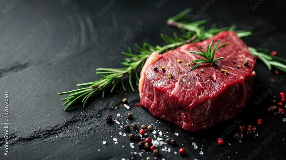 Raw dry aged bison beef rump steak piece as close-up with herbs and spice on black background with copy space