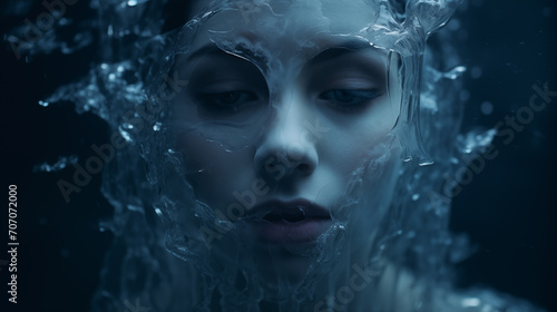 Düsteres kühles Portrait einer Frau in Eis-Struktur. Konzept: Gefühlskälte / eingefrorene Emotionen. Illustration © Jacqueline Weber