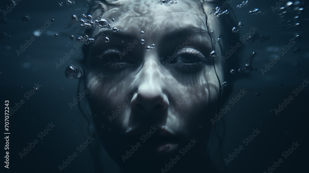 Surreales Portrait einer Frau unter Wasser mit Luftblasen und Schatten. Konzept: Depression nachfühlen. Illustration in kühlen Farben. Düstere kalte Atmosphäre - obrazy, fototapety, plakaty 