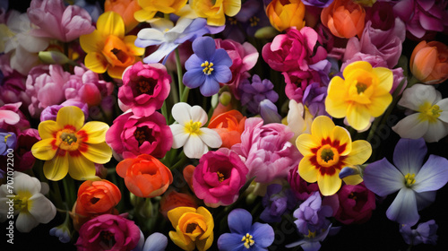 Colorful spring crocus and daffodil flowers bouquet.