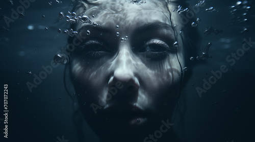 Surreales Portrait einer Frau unter Wasser mit Luftblasen und Schatten. Konzept: Depression nachfühlen. Illustration in kühlen Farben. Düstere kalte Atmosphäre photo