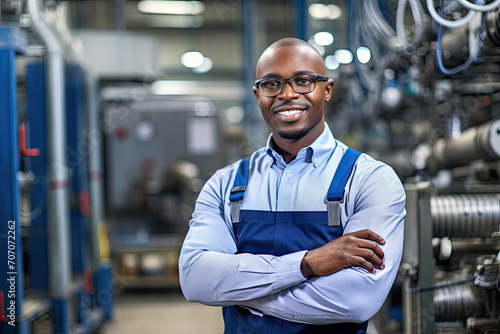 Confident African American engineer smiling in industrial setting with machinery in background.