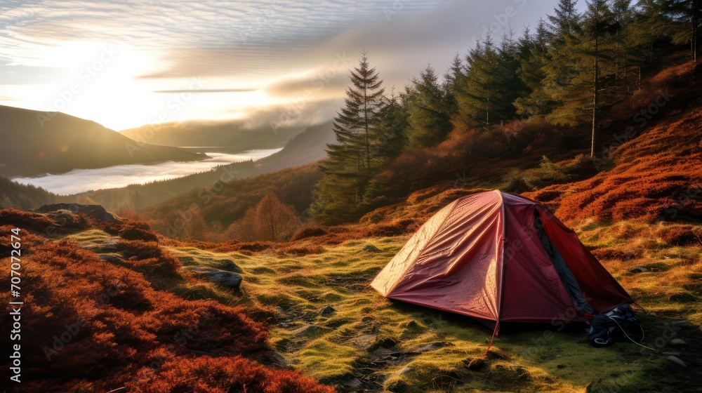 Camping adventure activities using tents, in the wild at a campground in the middle of the forest