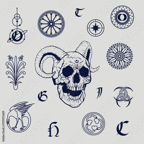 Black outline of round stained glass elements in gothic style stained glass windows in the shape of flowers, compass and eagle. Gothic concept. Vector outline of human skull with horns. Gothic tattoo.