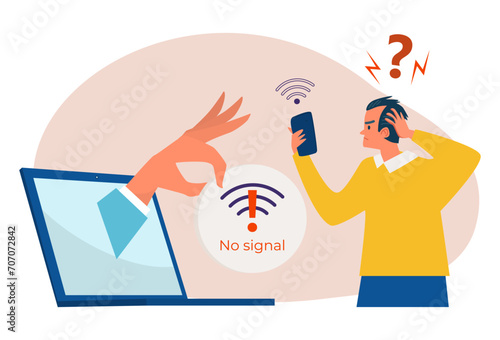 Man frustrated with no internet signal on phone, hand exiting laptop pointing at WiFi error. Digital connectivity issues, no internet concept vector illustration