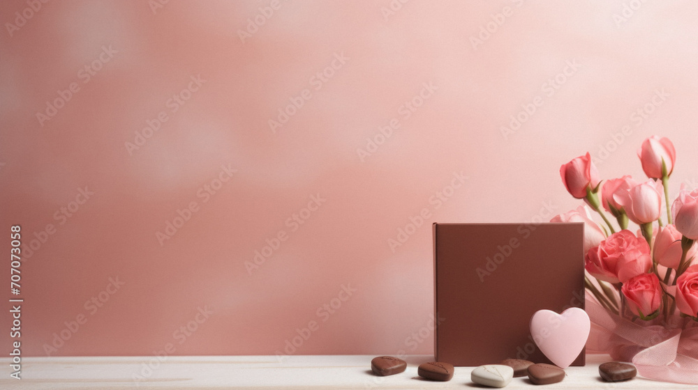 Valentine's day background with pink flowers and chocolate on wooden table.