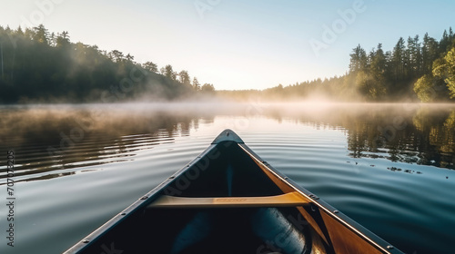 Bow of a canoe in the morning on a misty lake in Ontario, Canada. © NooPaew