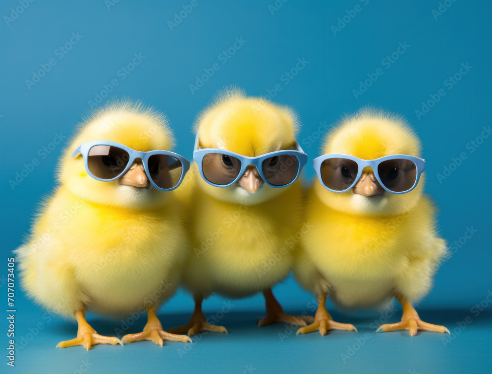Three cute chicks wearing stylish sunglasses on a blue background, ready for a fun Easter celebration