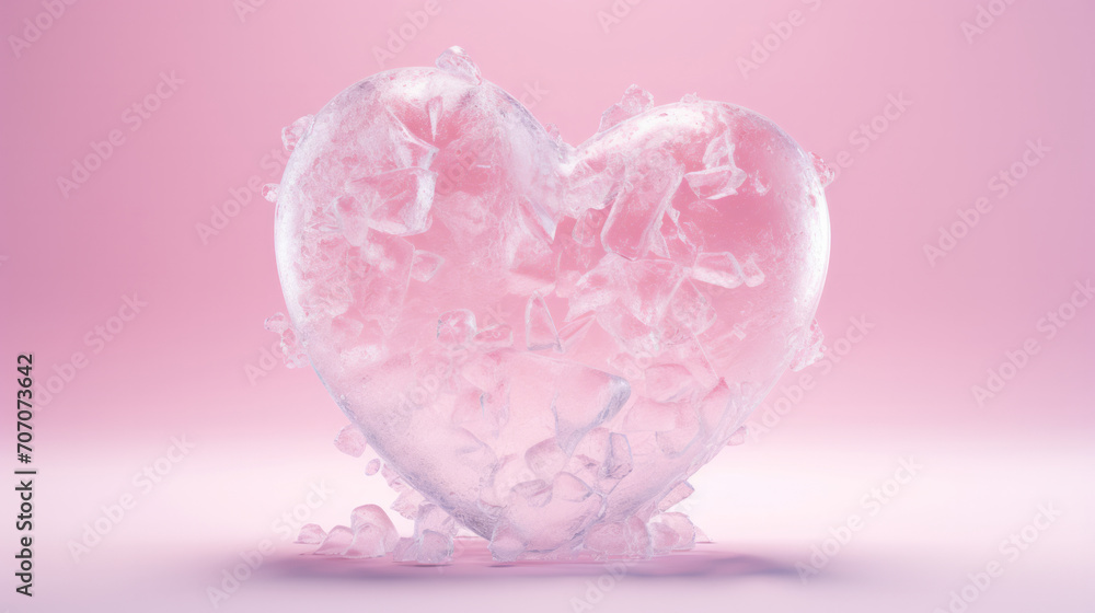 3D frozen pink heart made of ice, blue background, hyperrealism, Valentine's Day