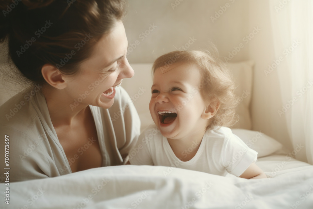 Joyful moment between mother and child laughing together in a bright, cozy bedroom, radiating love and happiness Joyful moment between mother and child laughing together in a bright, cozy bedroom, radiating love and happiness