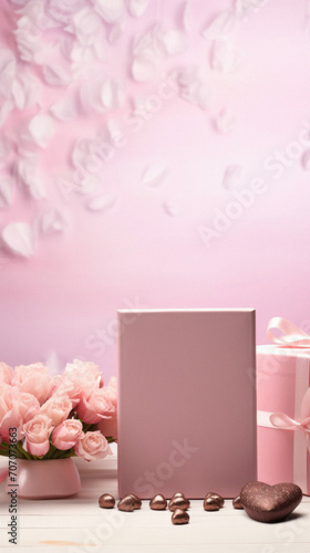 Gift box and flowers on a pink background with copy space.