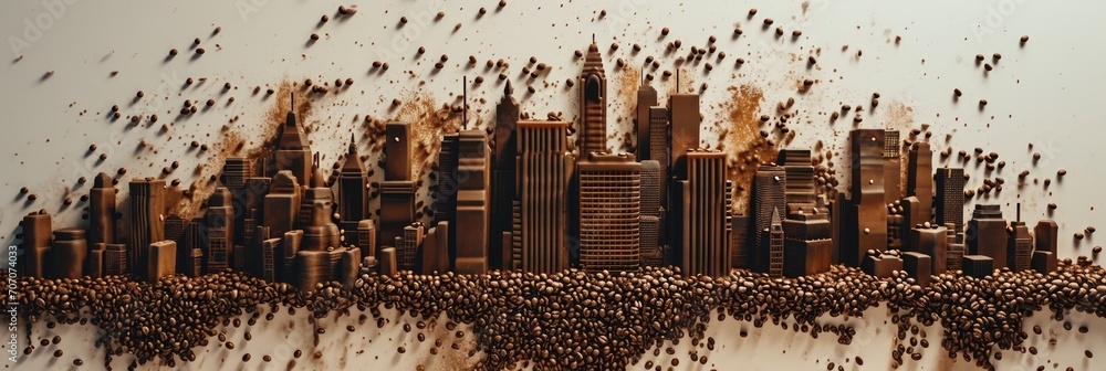 City made out of Coffee Beans Background - Beautiful Coffee Beans Cityscape - Coffee Beans Skyline Wallpaper created with Generative AI Technology