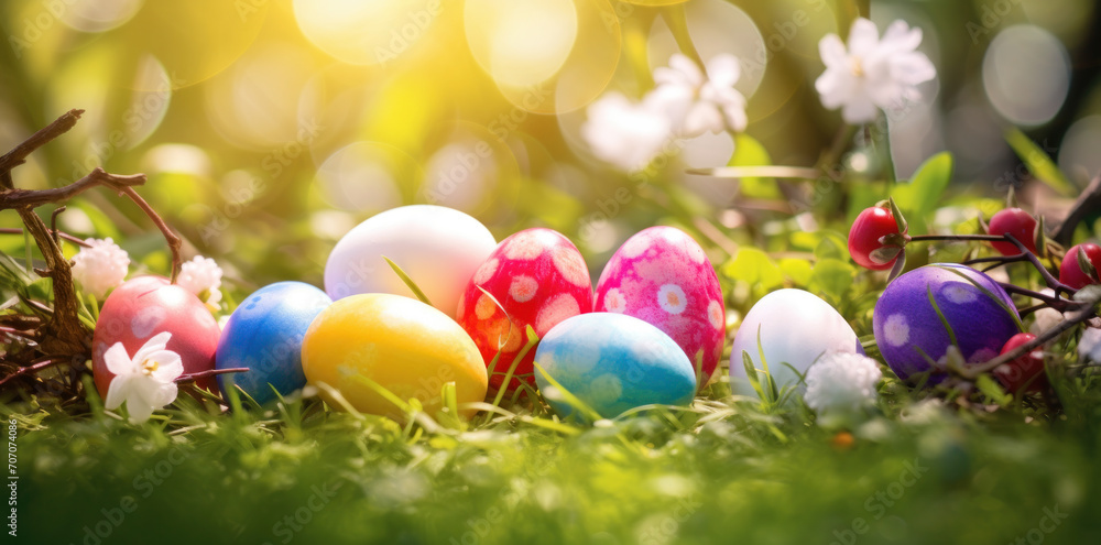 Vibrant Easter eggs nestled in fresh spring grass, illuminated by sunlight, creating an idyllic scene of renewal.