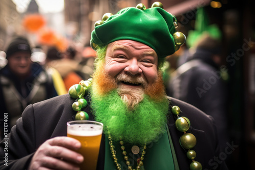 Man with green beard celebrating St. Patrick's Day with beer