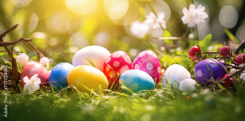Vibrant Easter eggs nestled in fresh spring grass, illuminated by sunlight, creating an idyllic scene of renewal.