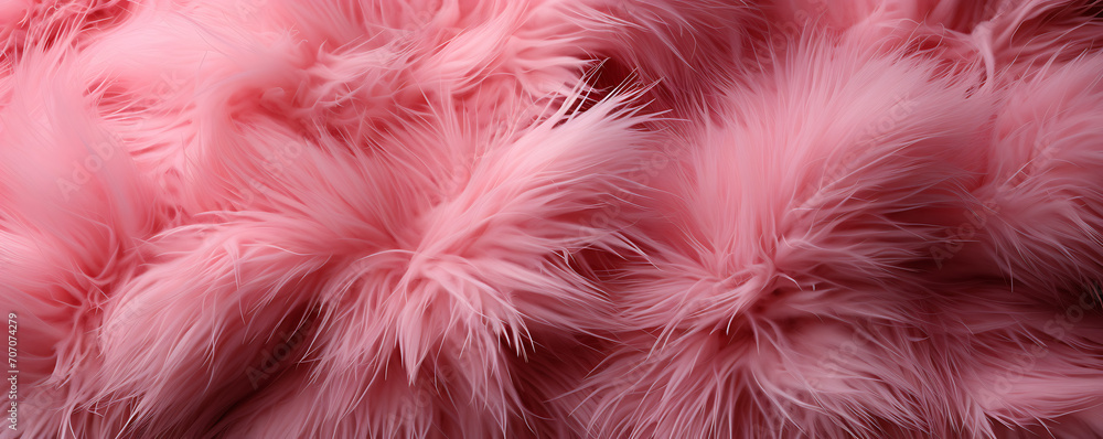  Top view of pink fur texture, resembling a sheepskin background. Shaggy fur pattern in shades of pink, providing a close-up view of wool texture.