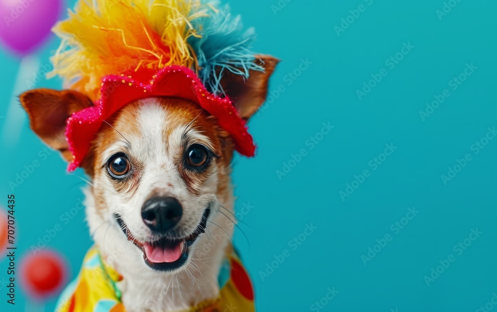 Dog in a clown cap and cheerful outfi,blue background