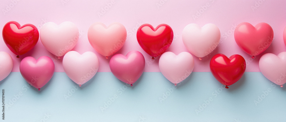Valentine's day background with red and pink heart balloons on pastel blue background.