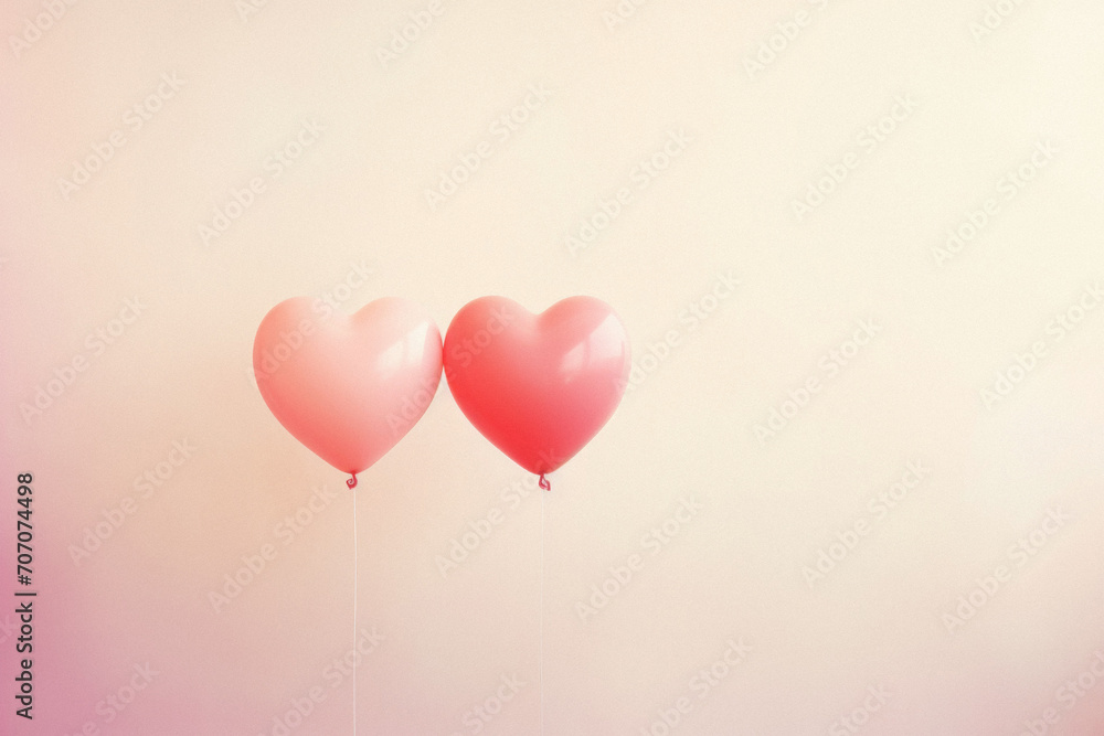 Two red heart shaped balloons on pastel pink background with copy space.