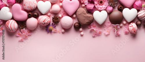 Chocolate candies and flowers on pink background. Top view with copy space.