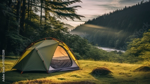 Camping adventure activities using tents, in the wild at a campground in the middle of the forest