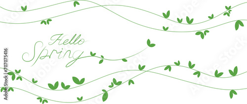 spring green leaves background. Hello spring lettering and green leaves decoration illustration. simple spring botanical illustration for seasonal promotion, event background and graphic. EPS 10 © The Little Foot