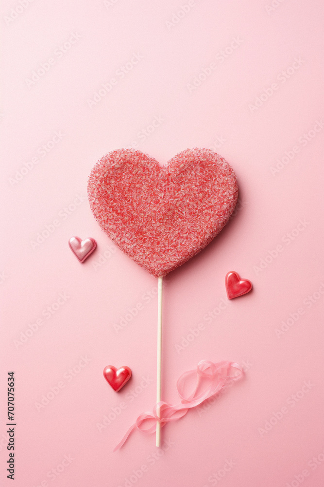 Heart shaped lollipop on pink background. Valentine's day concept.