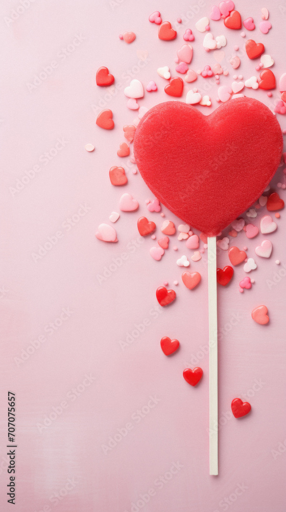 Heart shaped lollipop and confetti on pink background, top view.