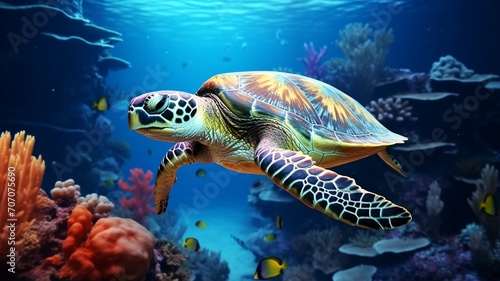 Underwater sea with sea turn turtle shell photography image Ai generated art