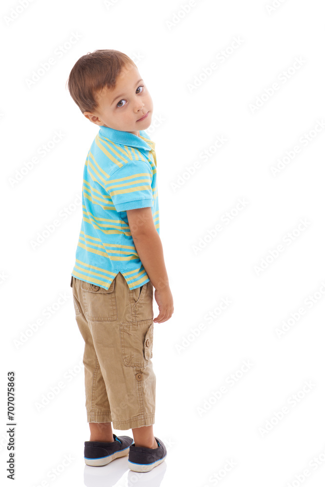 Child, portrait and studio or white background or innocent kindergarten, mockup space or fashion. Male person, model and face of cute kid as preschool student for youth growing, toddler or expression Child, portrait and studio or white background or innocent kindergarten, mockup space or fashion. Male person, model and face of cute kid as preschool student for youth growing, toddler or expression