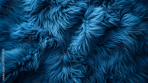 Top view of blue fur texture, resembling a sheepskin background. Shaggy fur pattern in shades of blue, providing a close-up view of wool texture. photo