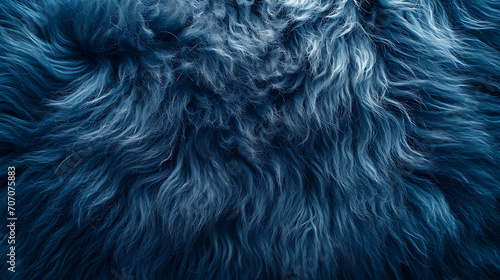 Top view of blue fur texture, resembling a sheepskin background. Shaggy fur pattern in shades of blue, providing a close-up view of wool texture. photo