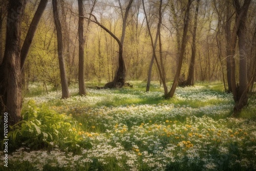 Spring forest flowers and new season trees. Generative AI