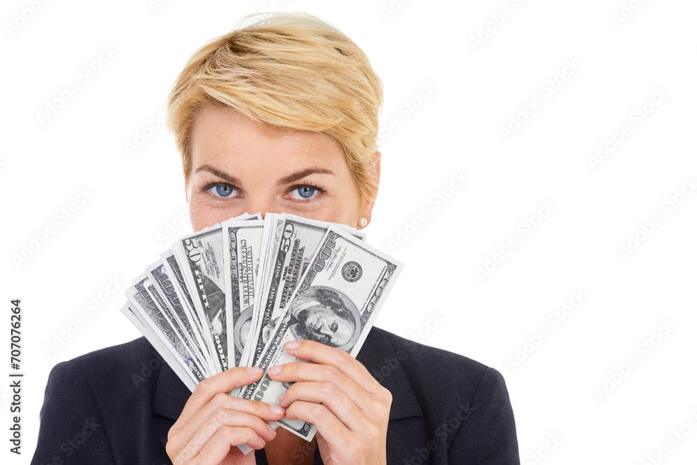 Portrait of business woman with money fan, dollars and bonus prize giveaway isolated on white background. cash, budget and mockup, lady with financial freedom or credit funding payment in studio. Portrait of business woman with money fan, dollars and bonus prize giveaway isolated on white background. cash, budget and mockup, lady with financial freedom or credit funding payment in studio.