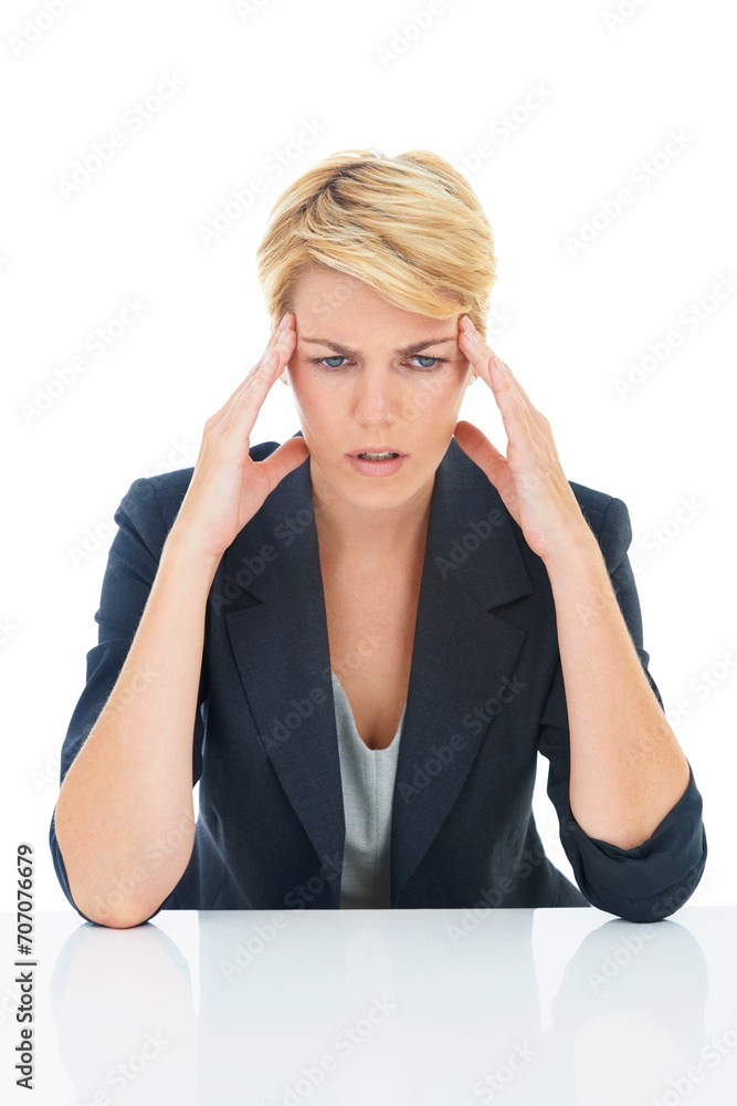 Headache, business woman and thinking in studio of burnout, anxiety or mental health on white background. Tired, confused and sad worker with stress, brain fog and fatigue of mistake, doubt or crisis Headache, business woman and thinking in studio of burnout, anxiety or mental health on white background. Tired, confused and sad worker with stress, brain fog and fatigue of mistake, doubt or crisis