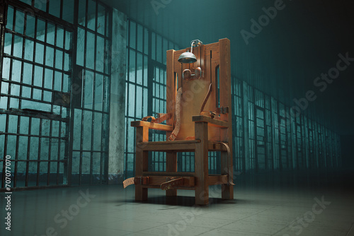 Eerie Wooden Electric Chair in a Dimly Lit Foreboding Prison Cell photo