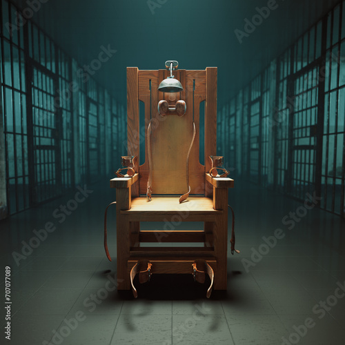 Ominous Wooden Electric Chair in a Dim, Foreboding Prison Setting photo