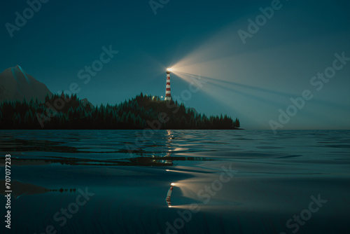 Majestic Lighthouse Beam Illuminating a Tranquil Nighttime Seascape