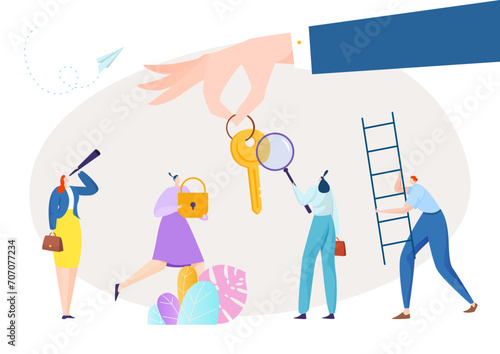 Cartoon hands holding keys over diverse people with a magnifying glass, ladder, and bat. Teamwork in problem-solving and opportunity. Unlocking success and collaboration vector illustration