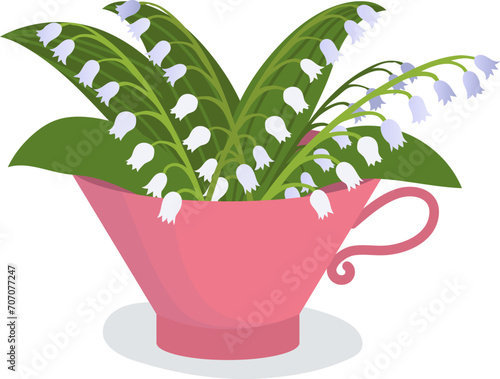 Pink cup filled with blooming white lily of the valley flowers. Spring flower...