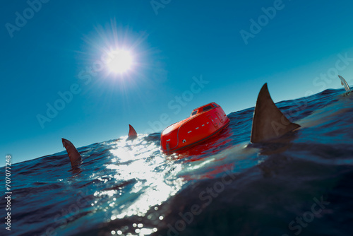 Dramatic Red Ship Capsized in Sun-Kissed Ocean Waters with Circling Sharks © Dabarti