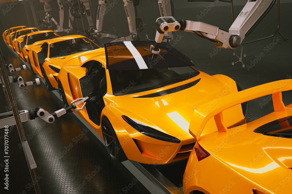 Naklejka premium Automated Robotic Assembly Line Producing High-Performance Yellow Sports Cars